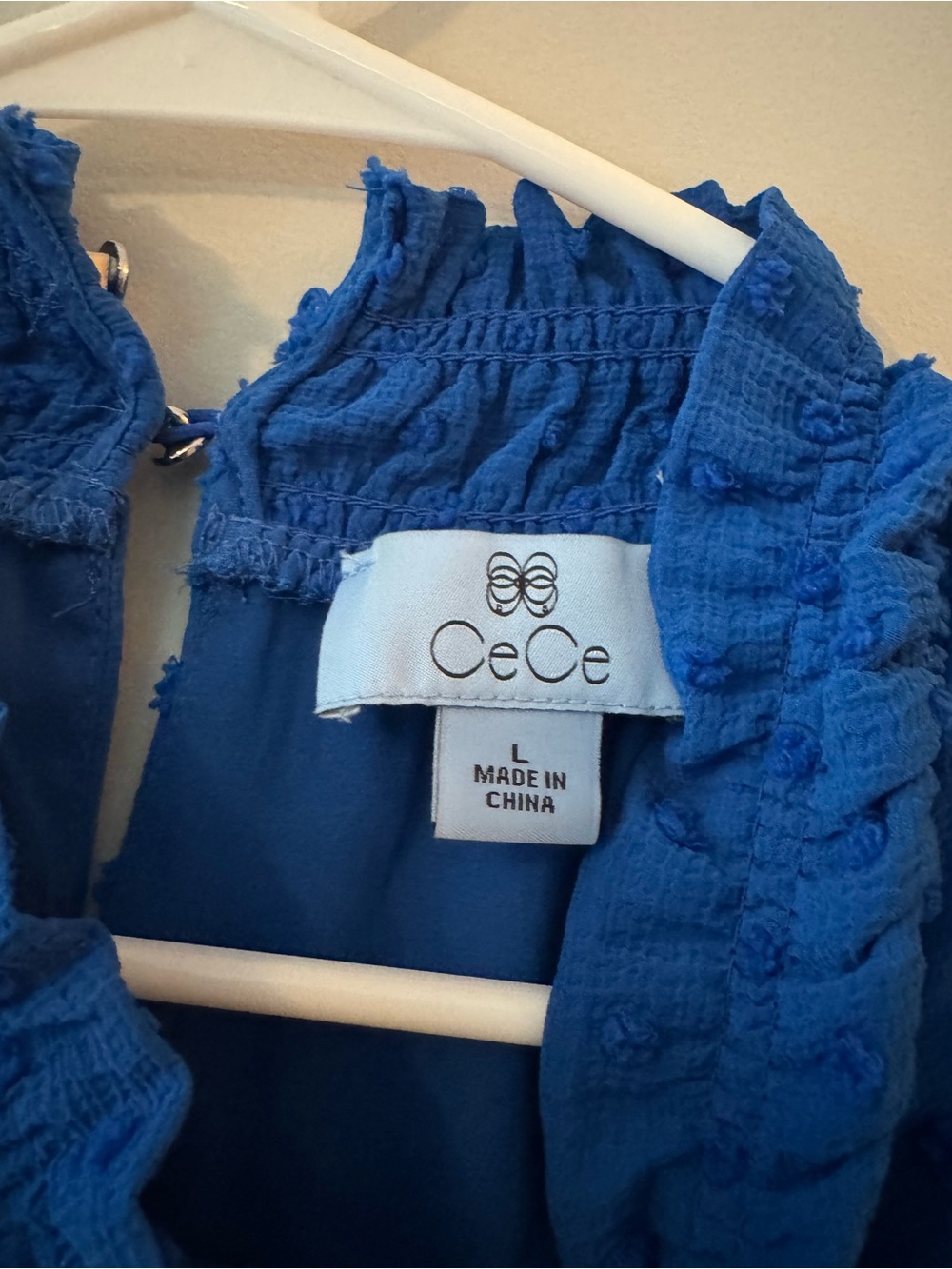 CeCe Royal Blue Swiss Dot Ruffle Mock Neck Top - Picture 3 of 6